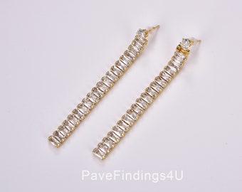 1 pair Baguette Drop Earrings, Minimalist Baguette CZ Earrings, Gold Filled Stud Earrings, Rhinestone Jewelry, Gift for Her, 65x6mm, ER203