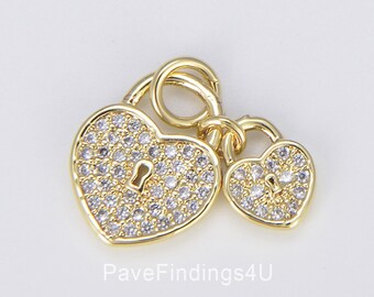 Ciondolo a forma di lucchetto a forma di cuore in oro 18 carati, ciondolo con micro pavé di zirconi cubici in oro, ciondolo a forma di lucchetto a forma di cuore per collana con ciondolo, 21x10 mm, CP1486
