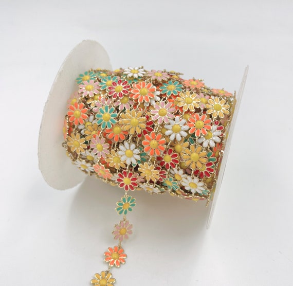 Daisy Flower Enamel Chain by Yard, Gold Filled 10mm Flower