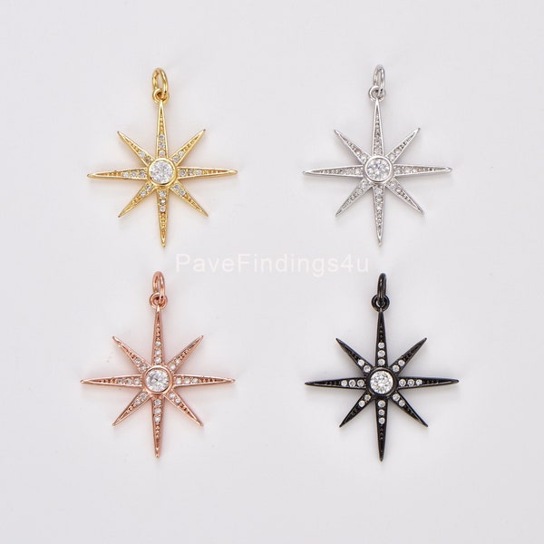 22K Gold Starburst Charm CZ Micro Pave, Nordstern Charm, Stern Charm, Zirkonia, 25 x 23 mm, Cp478