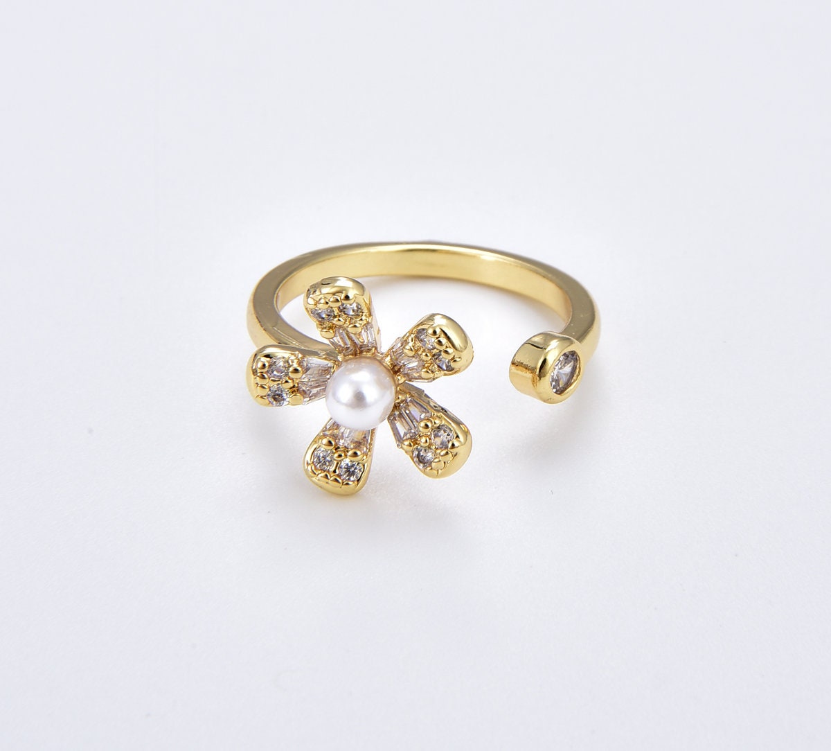 Dainty Flower CZ Ring With Pearl, Open Adjustable Pearl Ring, Gold