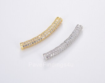 18K Gold Curve Tube Bead, CZ Micro Pave Long Curve Tube for Bracelet Necklace, Cubic Zirconia Separator Tube, Tube Beads, BD600