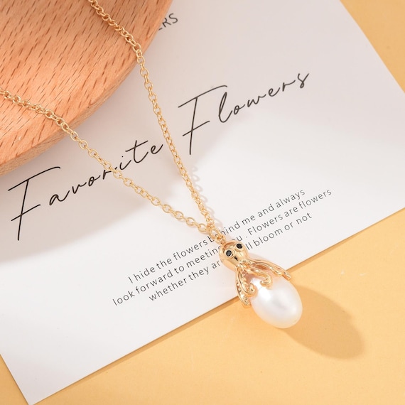 Freshwater Pearl Octopus Necklace in Gold Filled, Natural Oval