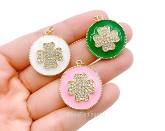Four Leaf Clover Enamel Charm, 14K Gold CZ Micro Pave Clover Charm, Cubic Zirconia, Clover Charm Necklace, 28x24mm, CP851