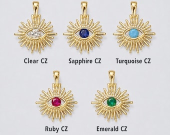 Gold Filled Evil Eye CZ Charm, Sunburst Eye Pendant, Clear Sapphire Turquoise Ruby Emerald CZ, DIY Necklace Bracelet Jewelry Making, CP1107