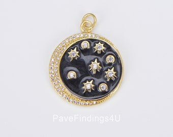 Black Enamel Celestial Medallion Charm, Starburst Moon Charm, Gold Filled Over Brass Sky Galaxy Charm Jewelry Making Supply, 33x23mm, CP1514