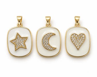 White Enamel Star Moon Heart Charm, Gold Filled Celestial Pendant Necklace, CZ Crystal Jewelry Gift for Her, Unique Statement, CP1061