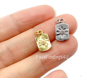 Starburst Tag Charm CZ, 14K Gold Starburst CZ Micro Pave Charm Pendant, Star, Charm Necklace, Charm Bracelet, 13x8mm, CP947