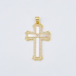 Cross Shell Pearl Charm, Gold Filled Cross Pendant for Christian Catholic Baptism, Religious Jewelry Making Supply, 22x35mm, CP2004