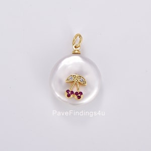 Freshwater Pearl Cherry Charm Pendant, 18K Gold Filled CZ Micro Pave Cherry Pendant Bracelet Necklace Pendant, Fruit Charm, Gift CP1140