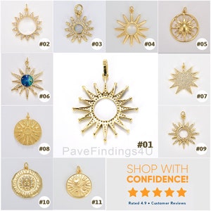 May include: A collection of 11 gold-tone sun charm pendants with various designs, including a round sun with a circle in the center, a sun with a starburst design, and a sun with a circular design. The charms are all made of metal and have a shiny finish.