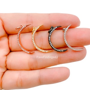 18k Gold Crescent Moon Charm CZ Micro Pave, Crescent Moon Pendant Bracelet, Cubic Zirconia Charm Silver Crescent Charm 29x15mm, CP220