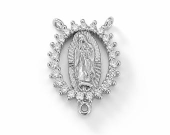 Virgin Mary Rosary Centerpiece Connector, CZ Pave Guadalupe Medal Charm, Catholic Rosary Finding, Miraculous Medal Link Jewelry Supply CN422