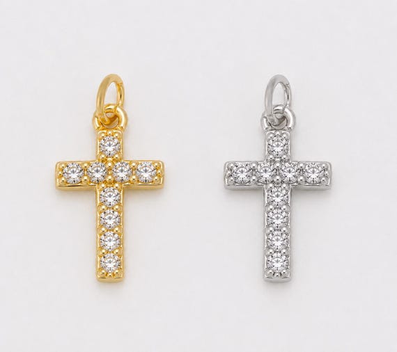 Mini Cross Charm Pendant 22K Gold CZ Micro Pave Small Cross Charm