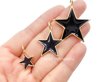 Black Enamel Star Charm, Gold Filled Over Brass Enamel Star Charm, Black & Gold Star Pendant, Charm Necklace, Small, Medium, Large, CP681