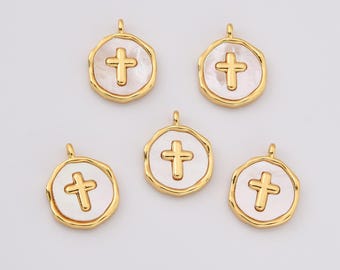 Gold Filled Cross Charm with Mother of Pearl Inlay, Round Religious Pendant for Necklace Bracelet, Christian Faith Jewelry Making, CP2238