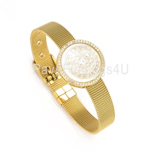 CZ Micro Pave St. Benedict Bracelet w/ mesh bracelet ,Patron Saint Bracelet, St. Benedict Finished Bracelet, Adjustable Bracelet, BD747-E703