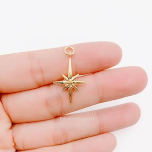 Dainty Gold North Star Charm Necklace, Bethlehem Star Pendant in 18K Gold Celestial Jewelry Making Supply, 27x17mm, CP1239