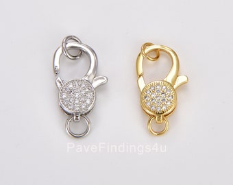 18K Gold Lobster Clasp, Micro Pave CZ Lobster Claw Clasps with Open Jump Ring, Cubic Zirconia, Enhancer, Jewelry Closure, 15mm, CL300