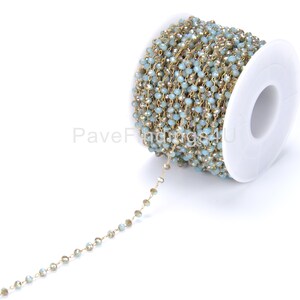 Turquoise Blue Champagne Crystal Rondelle Faceted Crystal Beaded Chain 14K Gold, Rosary Beaded Chain Beaded Chain, Bulk Chain, 3mm, CH032