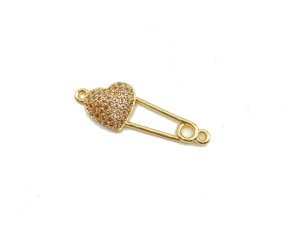 Heart Safety Pin Connector Charm, 22K Gold CZ Micro Pave