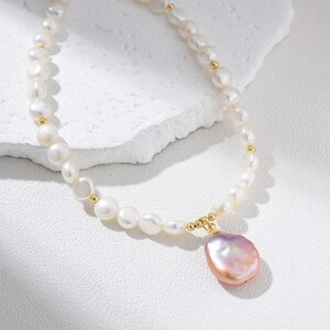 White Freshwater Pearl Necklace with Pink Baroque Pendant, Gold Filled Beaded Choker, Elegant Minimalist Jewelry Gift for Women, NL099