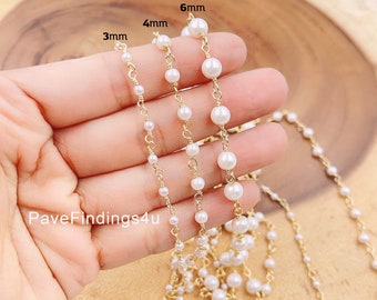 Catena del rosario in perle bianche, catena di perle in oro 14 carati, catena sfusa, perline di vetro rondelle, catena di perline, catena per collana, creazione di gioielli CH155