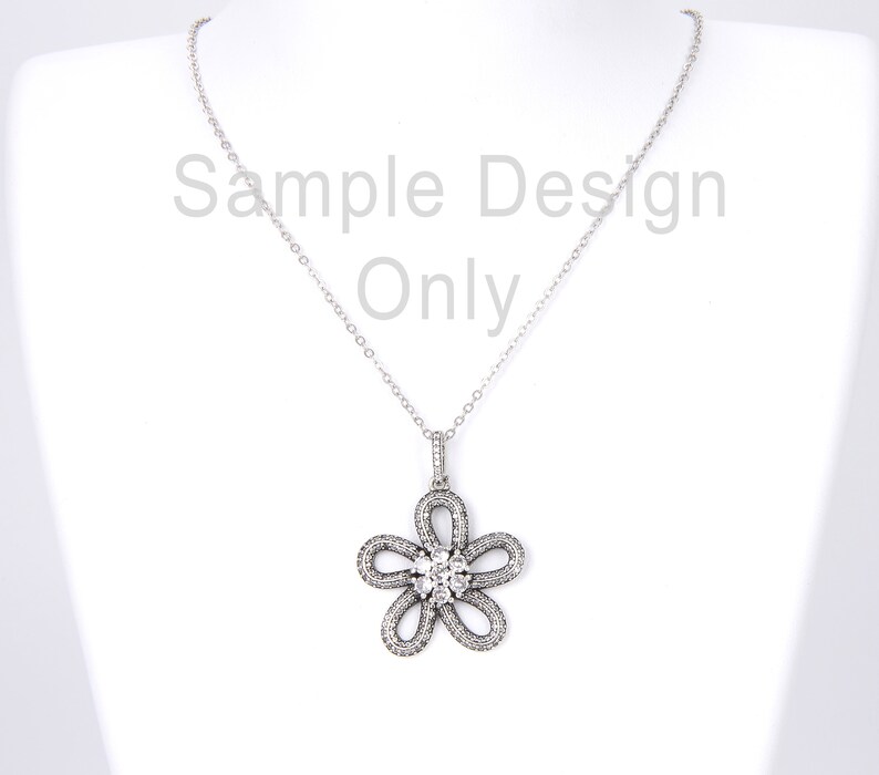 Flower Necklace 37x28mm Antique Silver Flower Charm Pendant CZ Micro Pave Cubic Zirconia Flower Pendant CP787-E1024 Flower Charm