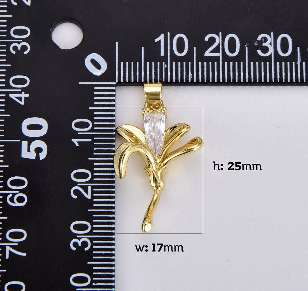 Lily Flower Charm Pendant, Gold Filled Clear Teardrop CZ