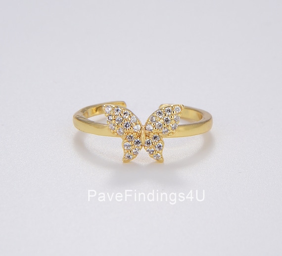 Dainty Butterfly Ring, Adjustable Gold Ring, Micro Pave CZ