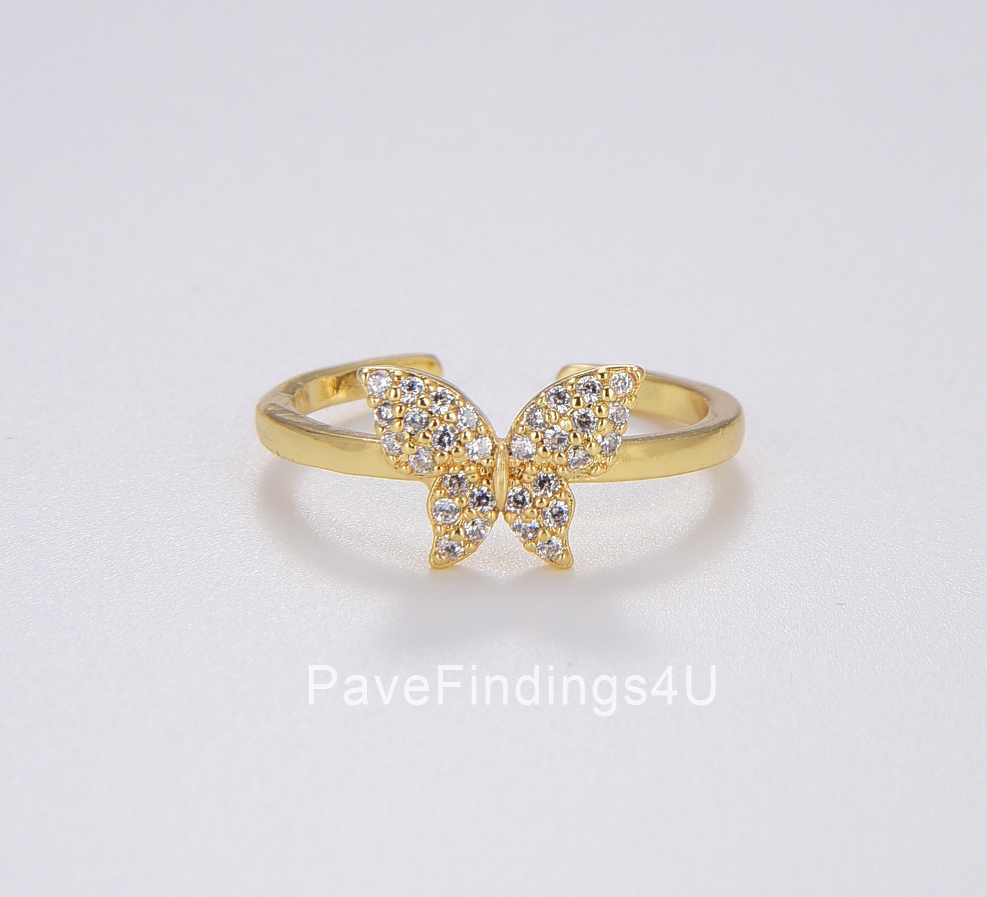 Dainty Butterfly Ring, Adjustable Gold Ring, Micro Pave CZ