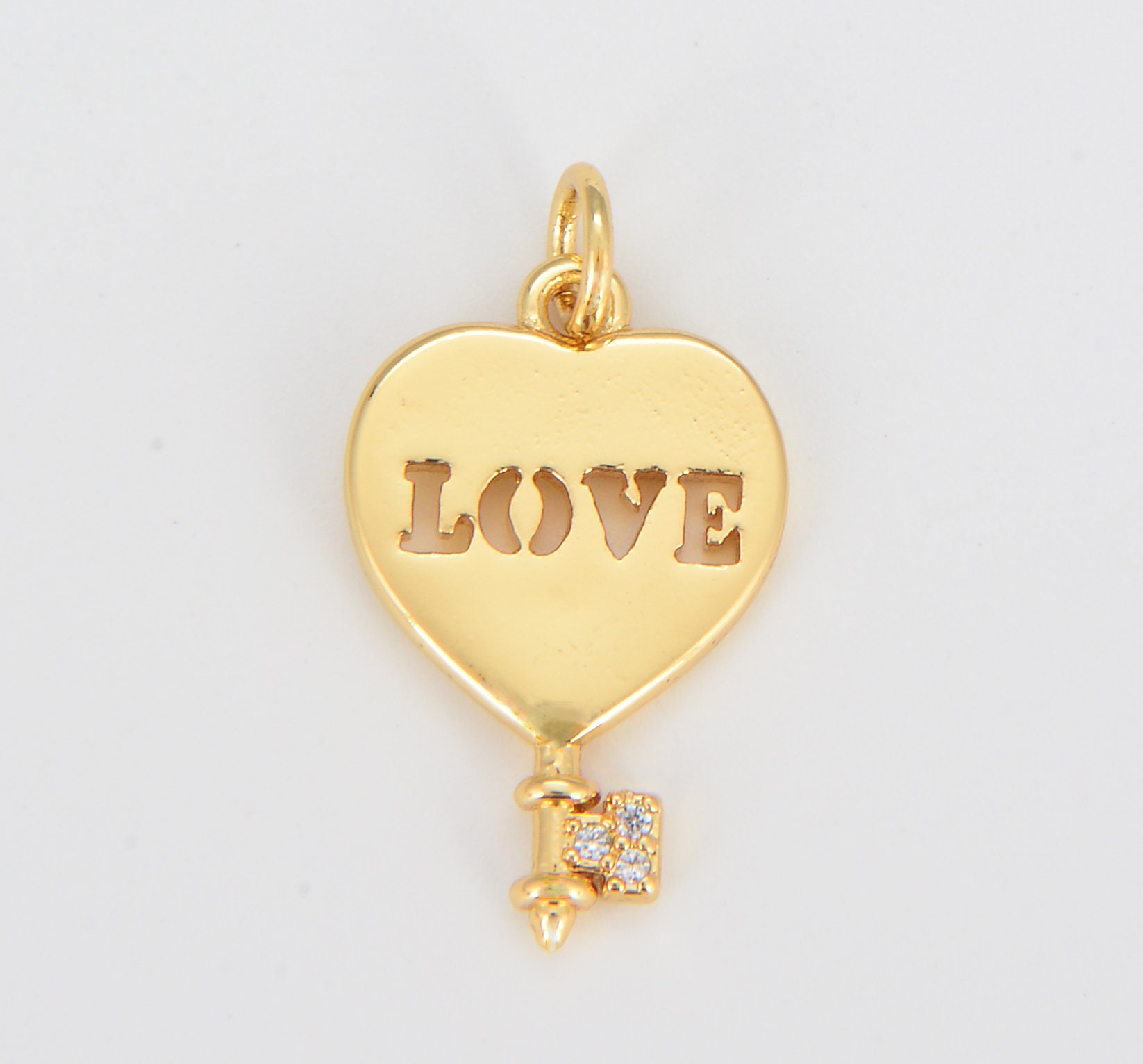 Mini Love Heart Key Charm, Micro Pave Gold Heart Charms, Love Lock