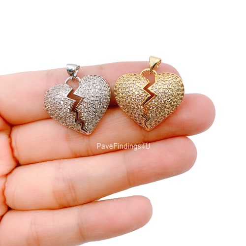 24K Gold Broken Heart Charm Pendant CZ 
