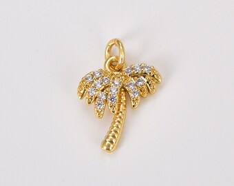 Palm Tree Charm, 18K Gold CZ Micro Pave Palm Tree Pendant, Cubic Zirconia, Hawaiian Charm, Tropical Tree Pendant, 13x10mm, CP252