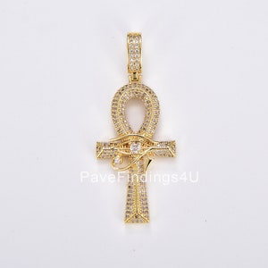 Large Ankh Gold Filled CZ Micro Pave Cross Pendant, Eye Of Ra Cubic Zirconia Charm Micro Pave Jewelry Findings, 54x22mm, CP1864