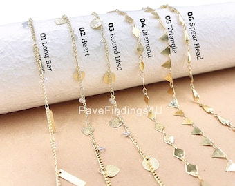 May include: Six gold chains with different charms, including long bars, hearts, round discs, diamonds, triangles, and spear heads. The chains are on a white background with the text "PaveFindings4U".
