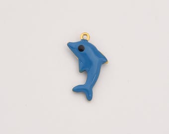 Gold Filled Dolphin Charm, Blue Enamel Ocean Animal Pendant in Stainless Steel for DIY Necklace Bracelet Jewelry Making, SCP124