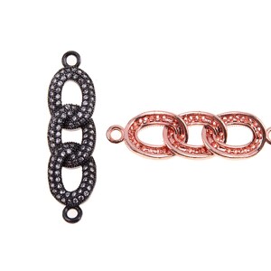 May include: Two jewelry components. One is a vertical chain of three oval links in black with small, sparkling accents. The other is a horizontal chain of three oval links in rose gold, also with sparkling accents. Both have small loops for attachment.