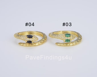 18K Gold CZ Pave Snake Ring, Green Red Black CZ Adjustable Gold Snake Ring, Serpent Animal Ring, Multi color Stone DIY Jewelry,  RG006