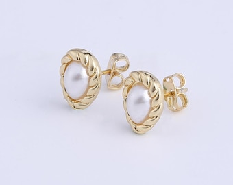 1 pair Elegant Vintage French Stud Earrings, Gold Filled Oval Shell Earrings, Wedding Earrings, Everyday Earrings, Gift for Mom, ER275