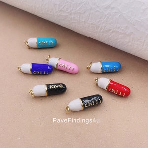 Enamel Love & Chill Charm Dainty Gold Pill Bar Pendant  24K Gold Pendant for Bracelet Necklace Earring Component Supply, 24x8mm, CP1317