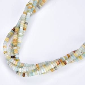 May include: A strand of multi-colored gemstone beads. The beads are a mix of light blue, green, yellow, and brown. The beads are small and round.