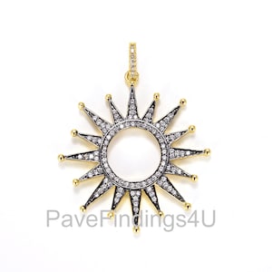 Ciondolo a forma di stella con sole solare in oro 24k con micro pavé di zirconi cubici, ciondolo a forma di stella con sole solare in oro 24k con micro pavé di zirconi cubici, per gioielli fai da te, 44 x 35 mm/CP491