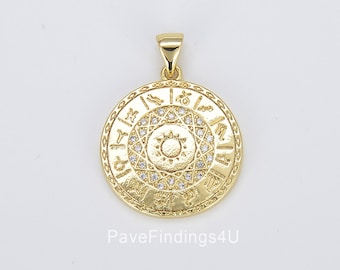 Dainty 18K Gold Zodiac Horoscope Sign Medallion Pendant Coin for Necklace Bracelet Jewelry Making, Zodiac Constellation Charm, CP1426