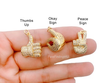24K Gold Hand Sign Charm, CZ Micro Pave Hand Sign Pendant, OK Hand Sign, Peace Hand Sign, Thumbs Up Hand, Hand Gesture Charm, CP1171