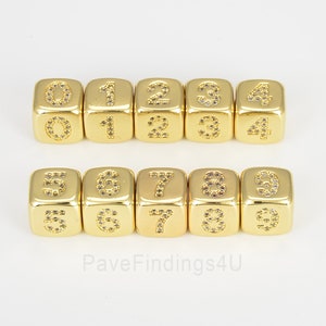 CZ Number Beads, Cube Number Charms, Square Beads, Micro Pave Number Beads Gold Filled Over Brass Beads for Personalize Jewelry 0-9, BD086