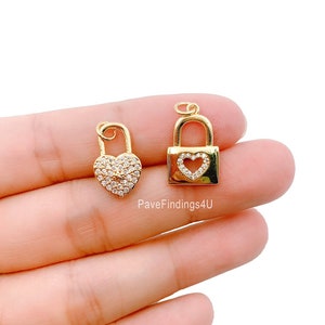 18K Gold Micro Pave Heart Lock Pendant, Cubic Padlock Charms Lock Bracelet Necklace Earring Charms Earrings Supplies, 17x11mm, CP1108