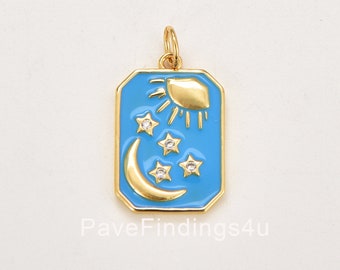 Celestial Tag Charm, Gold Filled Enamel Sun Moon Star Charm on Tile Tag Shape Pendant, Military Tag Charm Celestial Jewelry Making CP1835