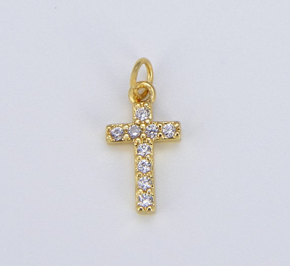 Mini Cross Charm Pendant 22K Gold CZ Micro Pave Small Cross Charm