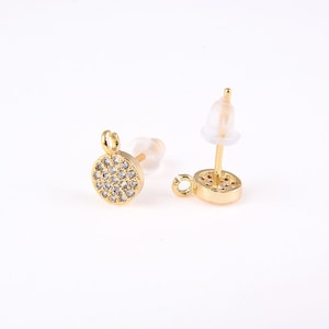 18K Gold Disc Pave CZ Ohrring mit Schlaufe, CZ Micro Pave Runde Münze Kreis Ohrstecker, Zirkonia Ohrstecker, 9x7mm, ER006